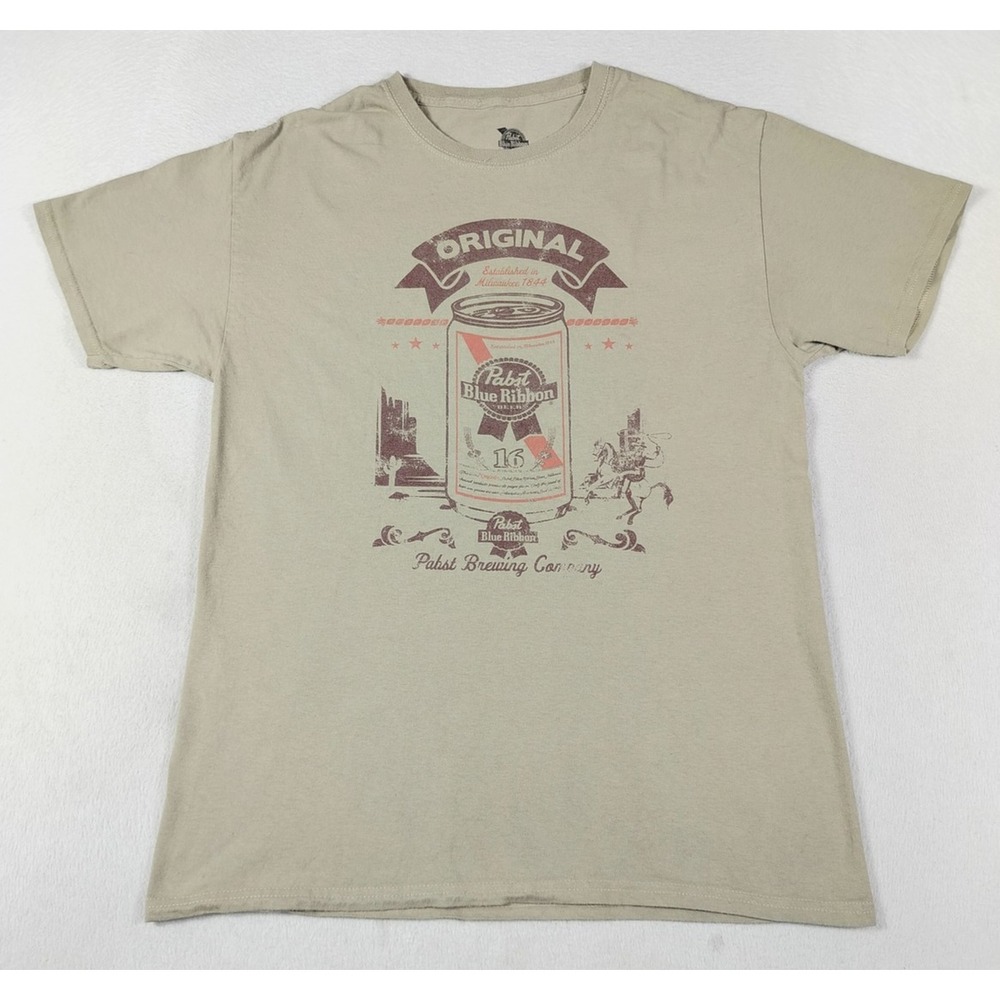 Pabst Blue Ribbon Shirt Mens Medium Beige Original Can Graphic Beer Tee Tagless
